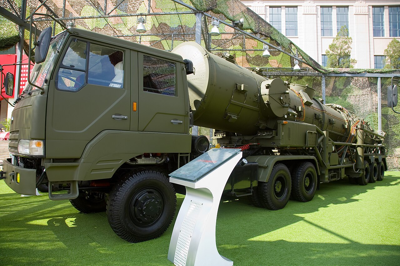 A road-mobile DF-21 missile on its transporter-erector-launcher, displayed at the Chinese Military Museum in Beijing.