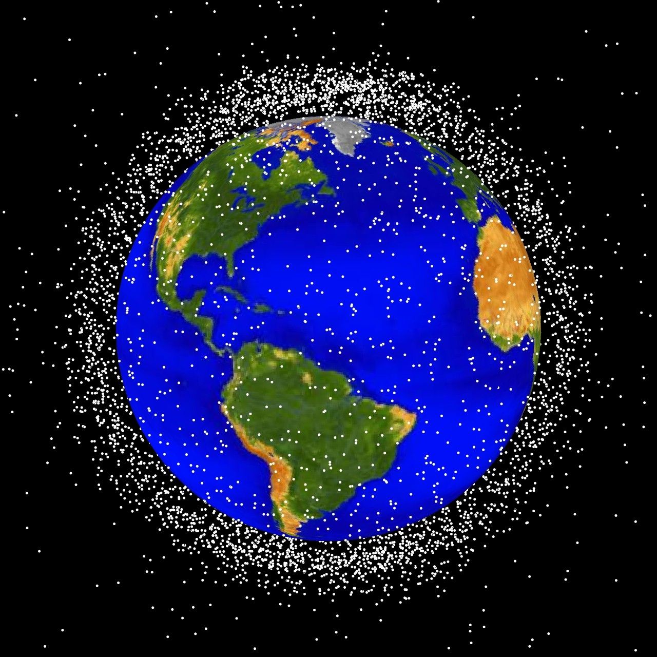 NASA computer-generated image of tracked debris objects in low Earth orbit, shown as a dense shell of white dots around the Earth.